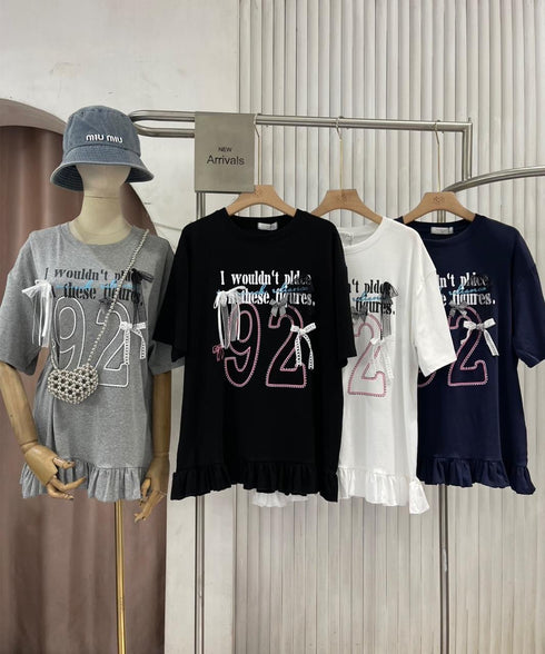 Women Casual Printed Bows Decor Frill Border T-Shirts